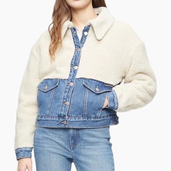 Calvin Klein Sherpa Denim Jacket Blue Jean Fleece Lined Large - Picture 1 of 8
